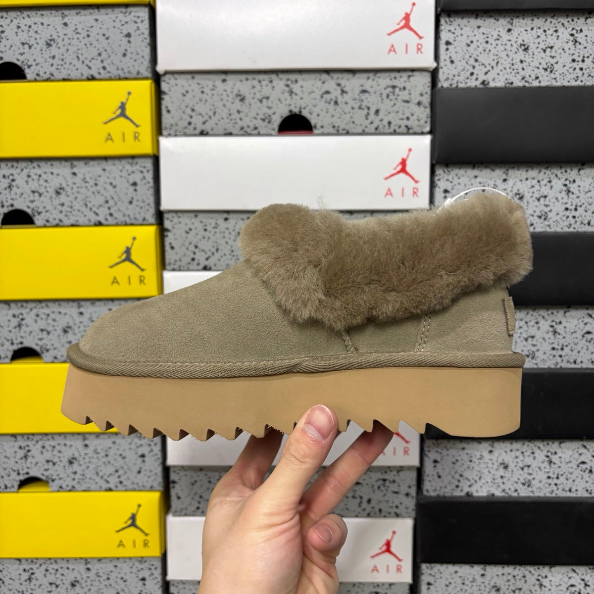 UGG Fold-Over Shearling Mule – Suede Open-Back Slipper with Oversized Shearling Cuff & Chunky Lug Platform Sole in Sage
